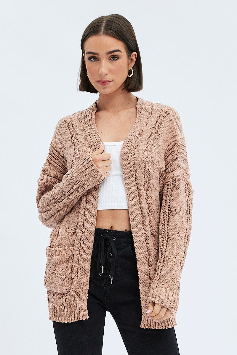 Camel Longline Cable Knit Cardigan