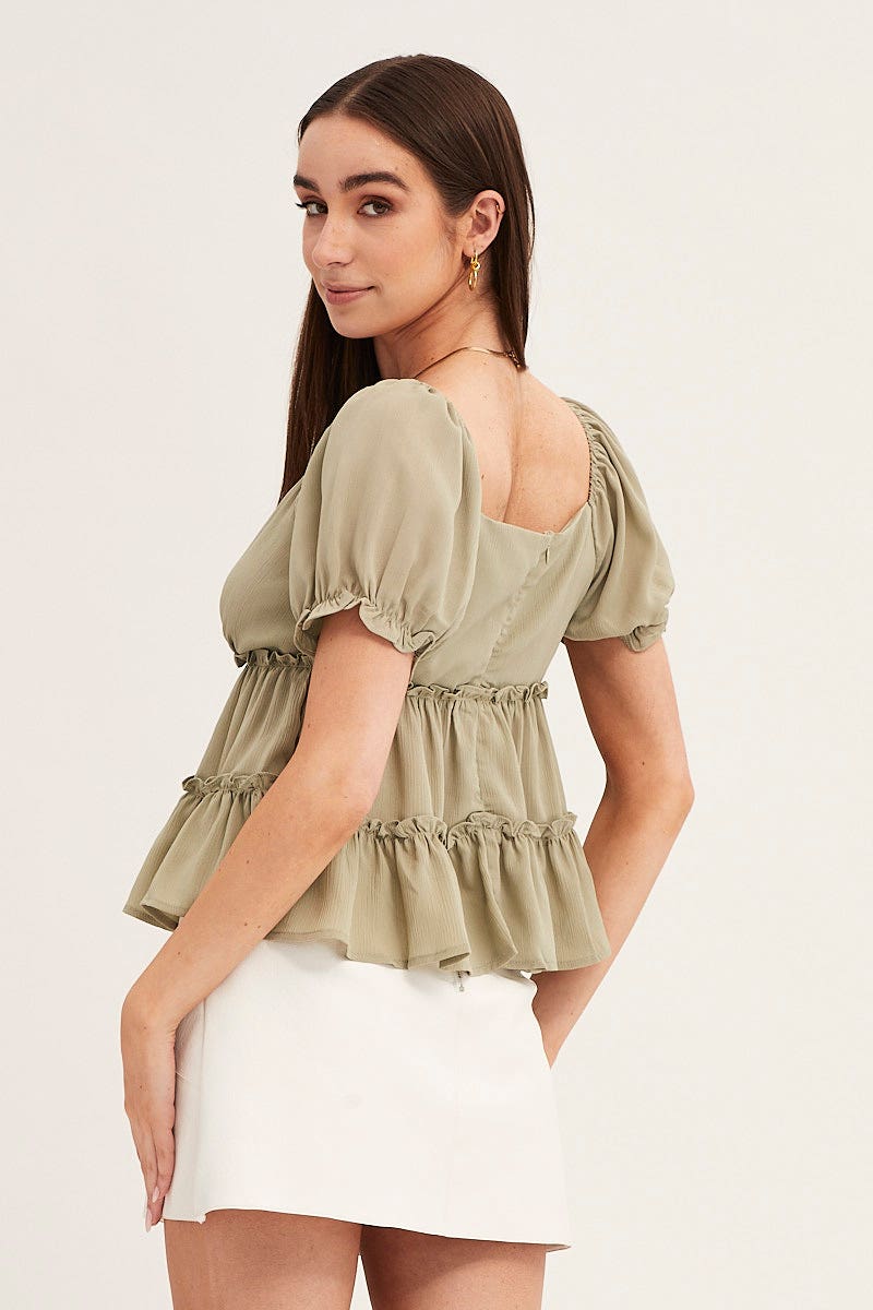 Green Frill Detail V Neck Boxy Top