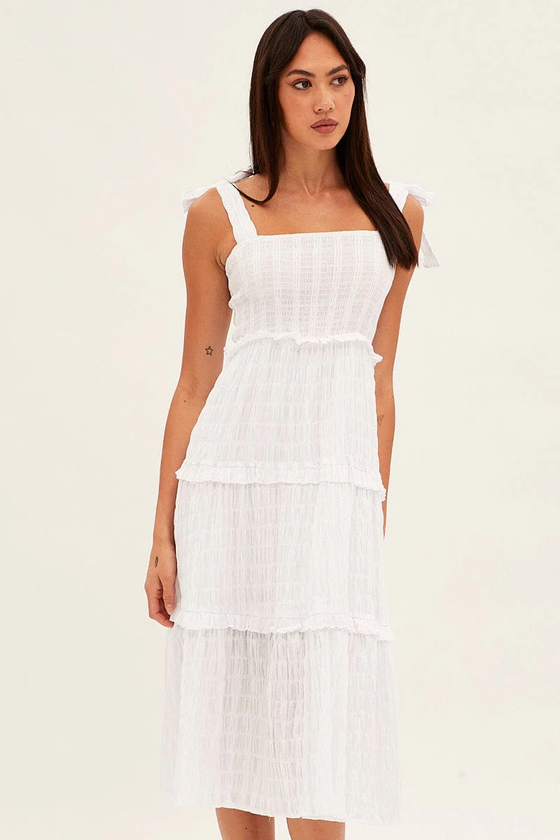 White Midi Dress Sleeveless Shirred Texture Cotton