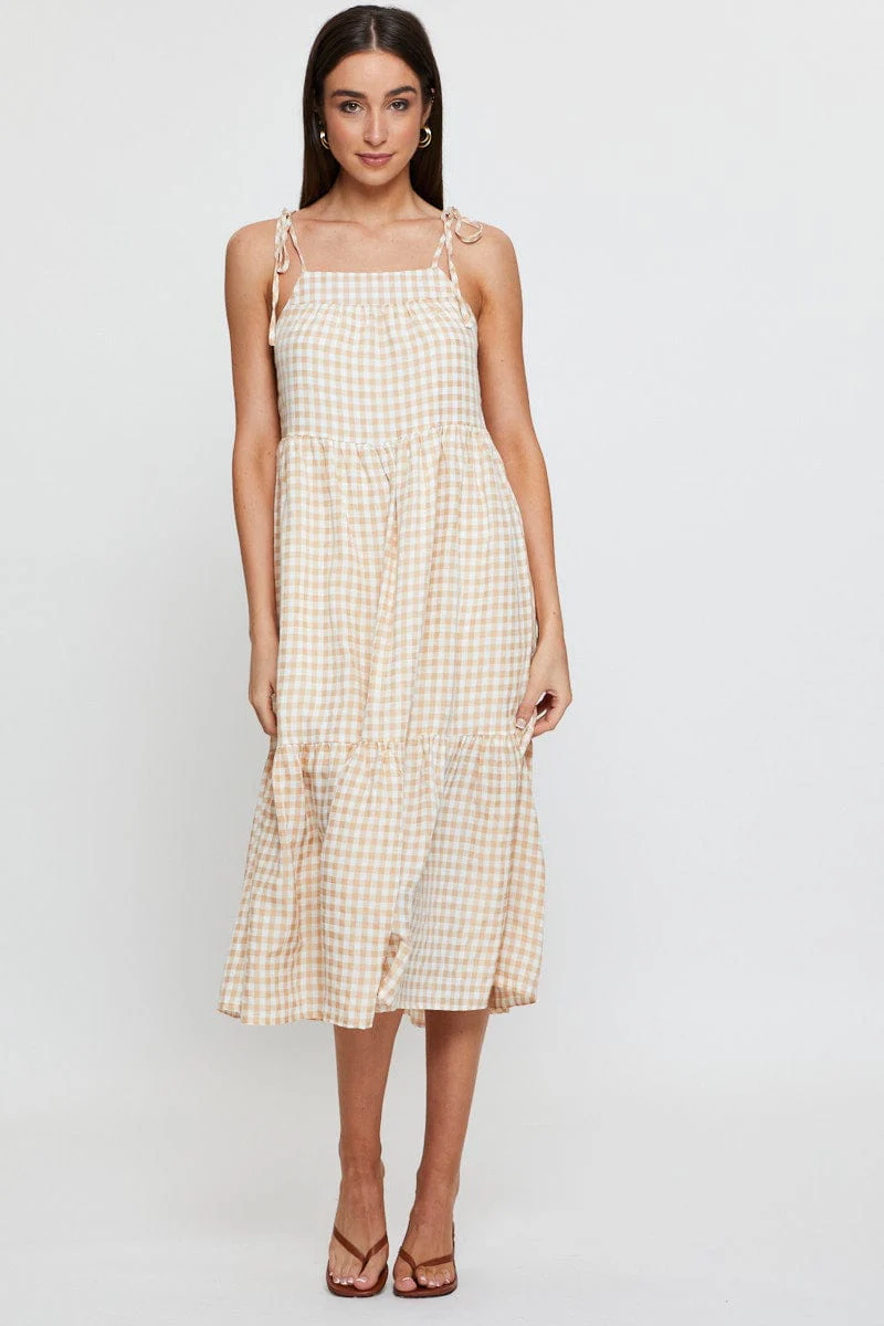 Check Midi Dress Sleeveless Tie Shoulder