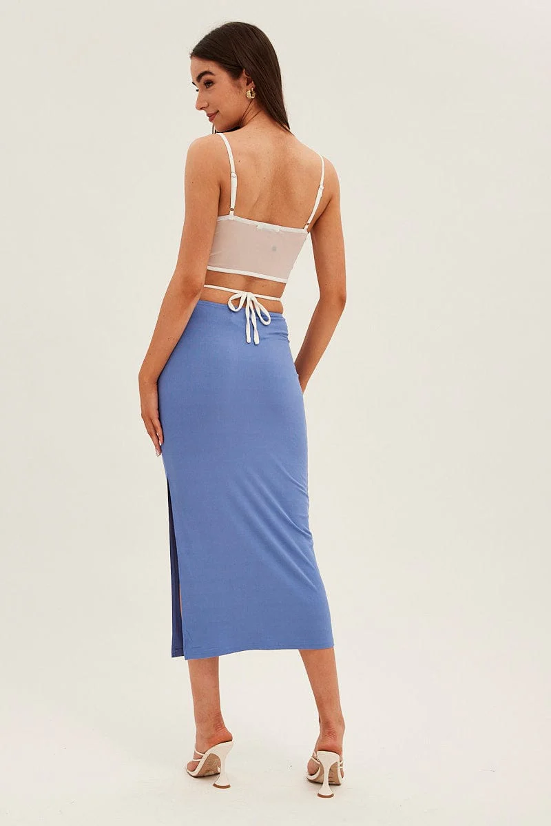 Blue Midi Skirt Bodycon Tie Contrast Ribbed