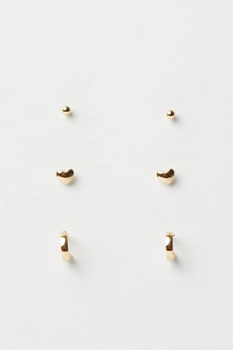 Gold 3 pack Hoop Ball and Heart Earrings