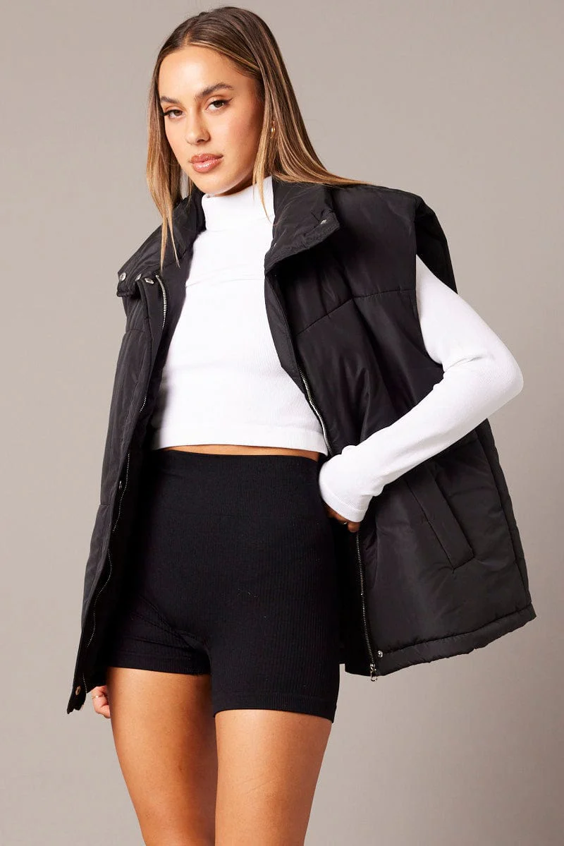 Black Puffer Sleeveless Zip Thru