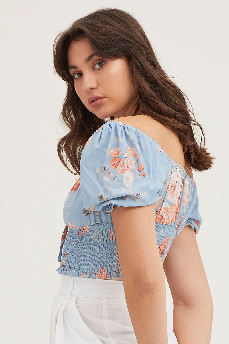 Print Crop Top Short Sleeve Shirred Waist