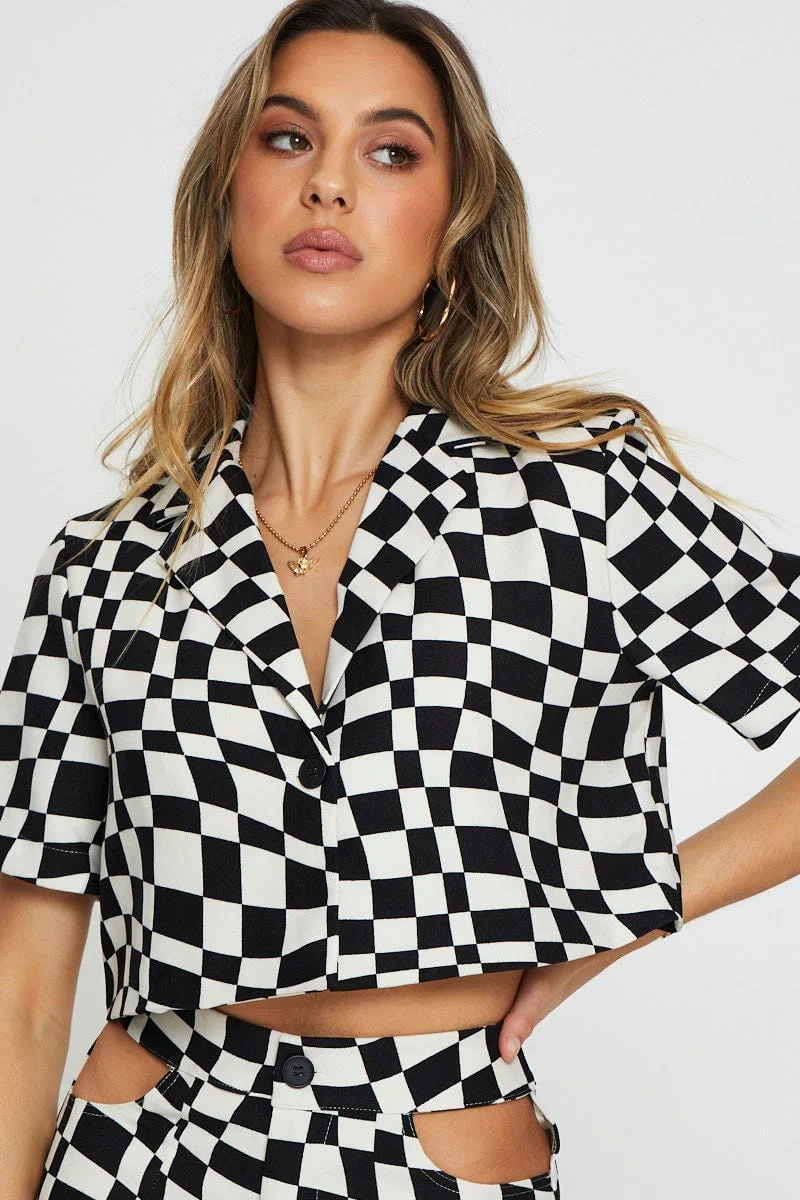 Check Wrap Top Short Sleeve Crop