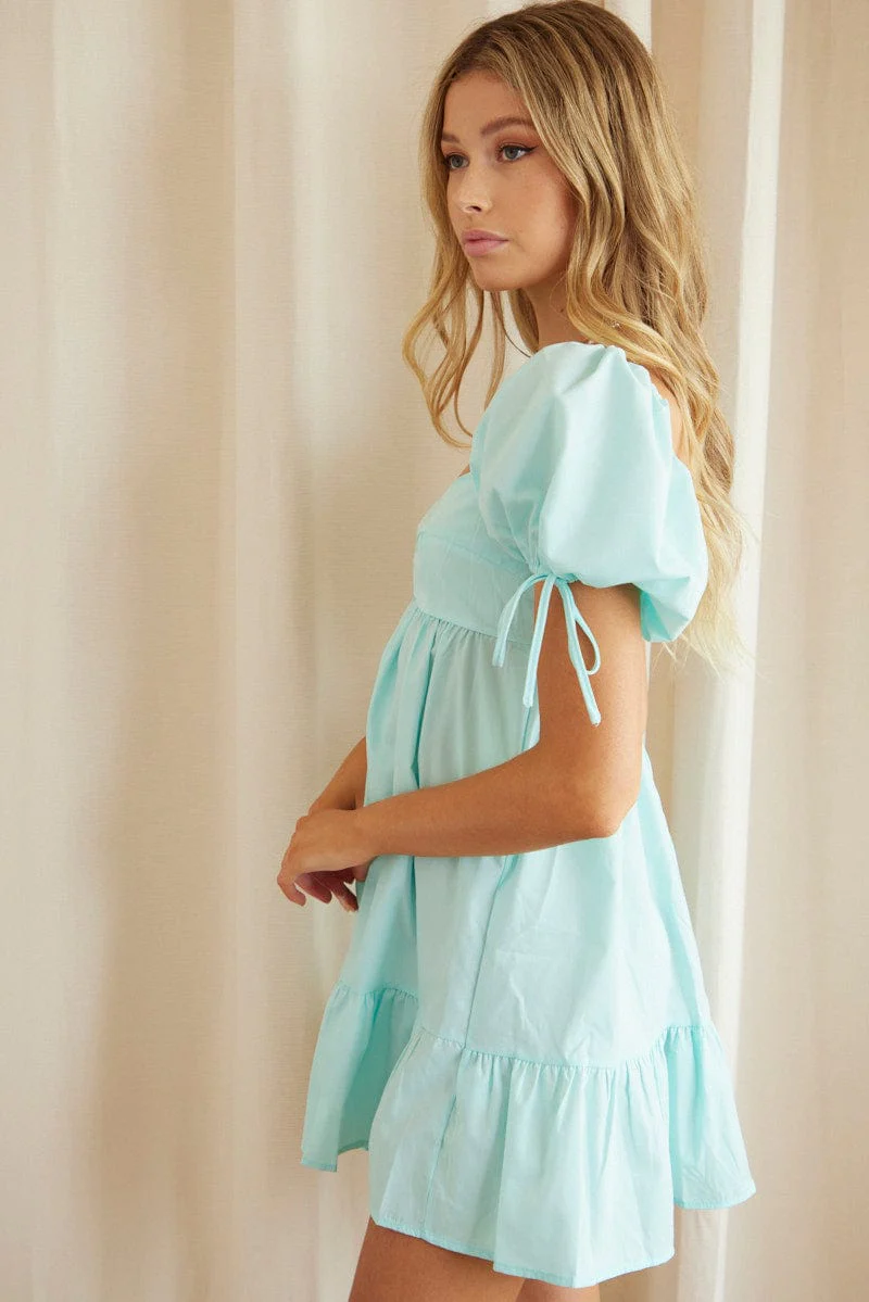 Green Mini Dress Short Sleeve Sweetheart Neck