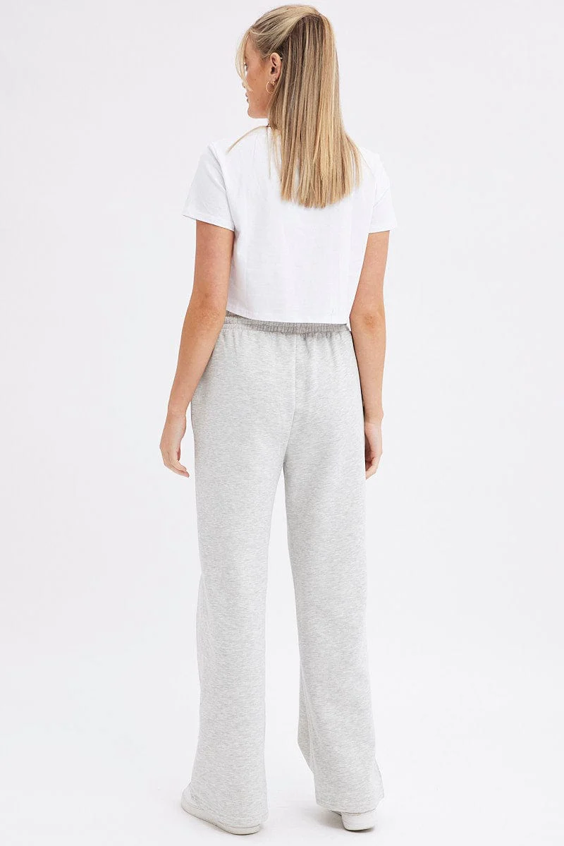 Grey Wide Leg Track Pants High Rise