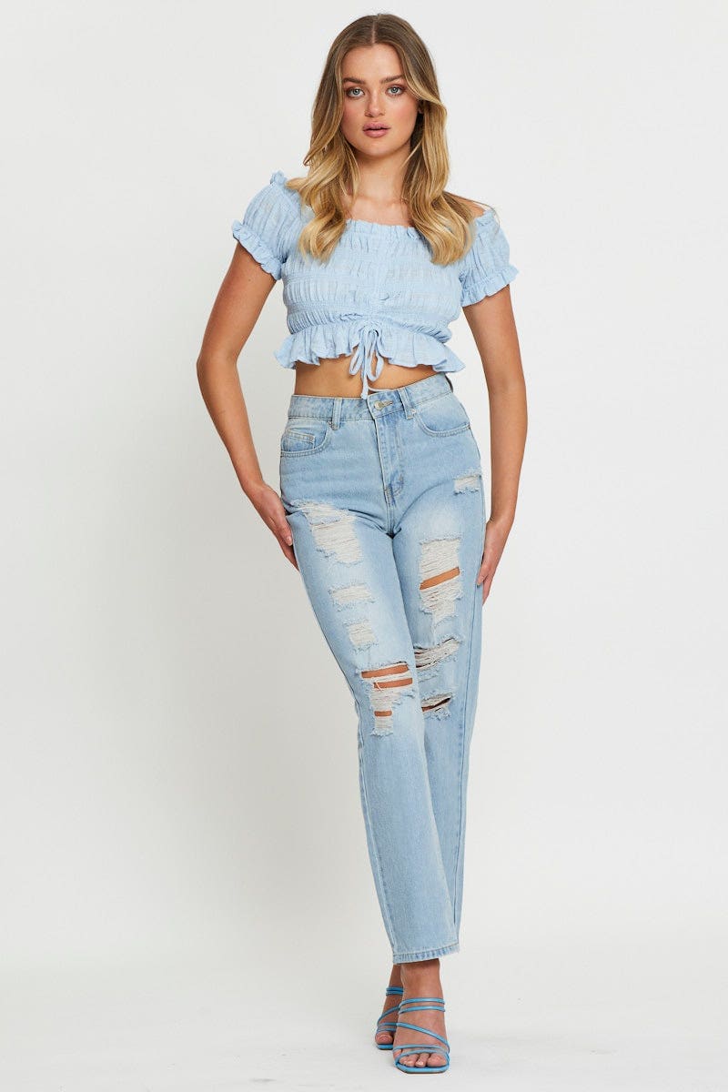 Blue Crop T Shirt Short Sleeve