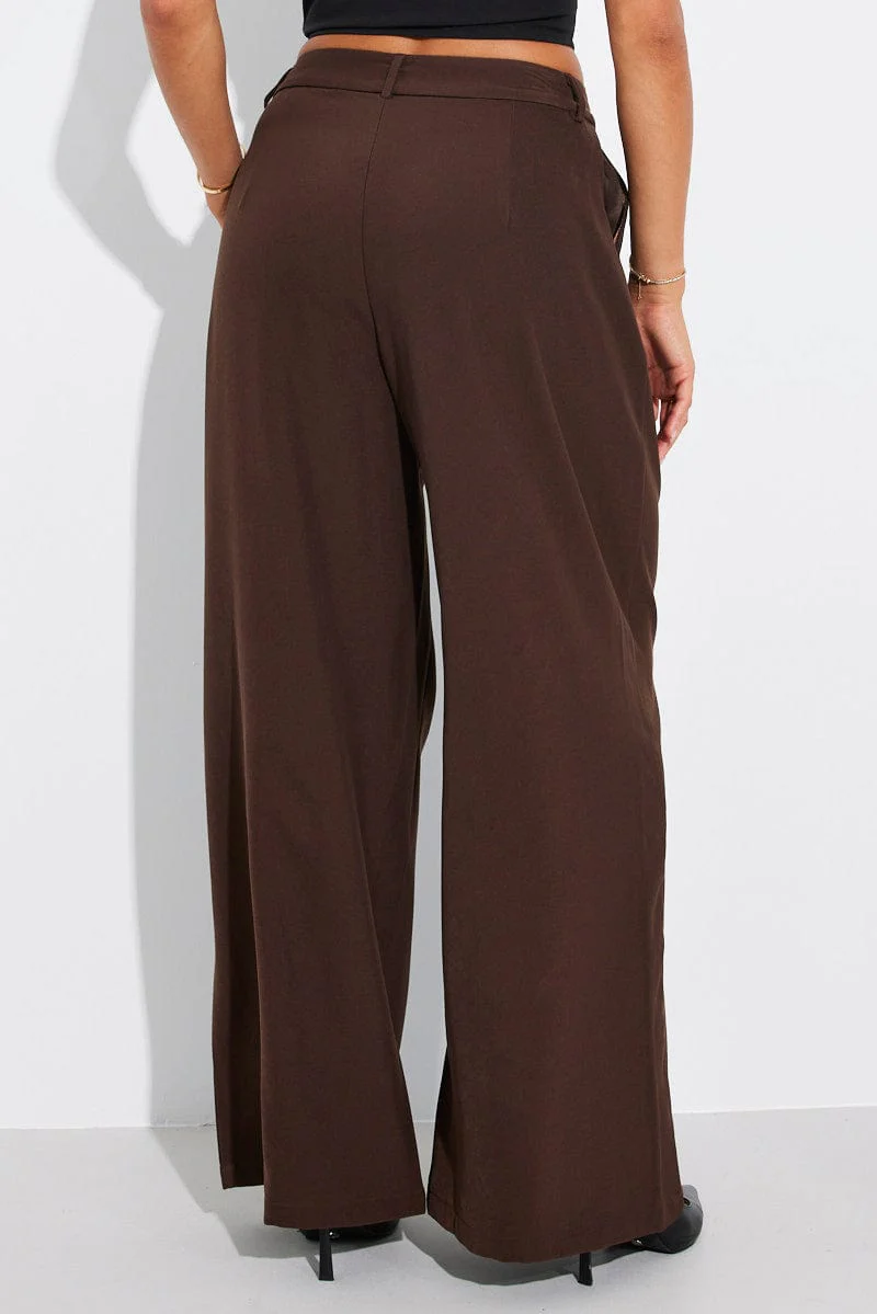 Brown Wide Leg Pants High Rise