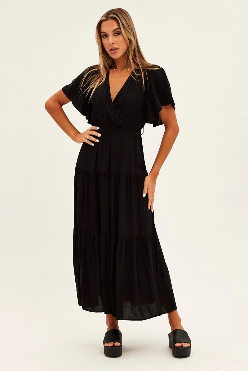 Black Maxi Dress Fluter Sleeve Tiered Hem
