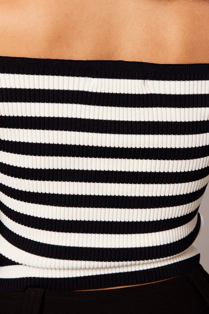 White Stripe Knit Top Long Sleeve Off Shoulder