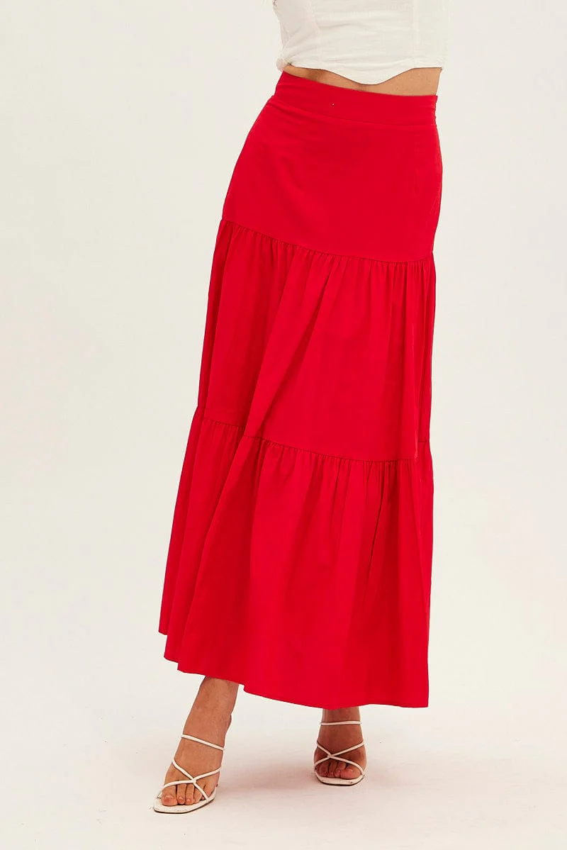 Red Maxi Skirt High Rise Tiered