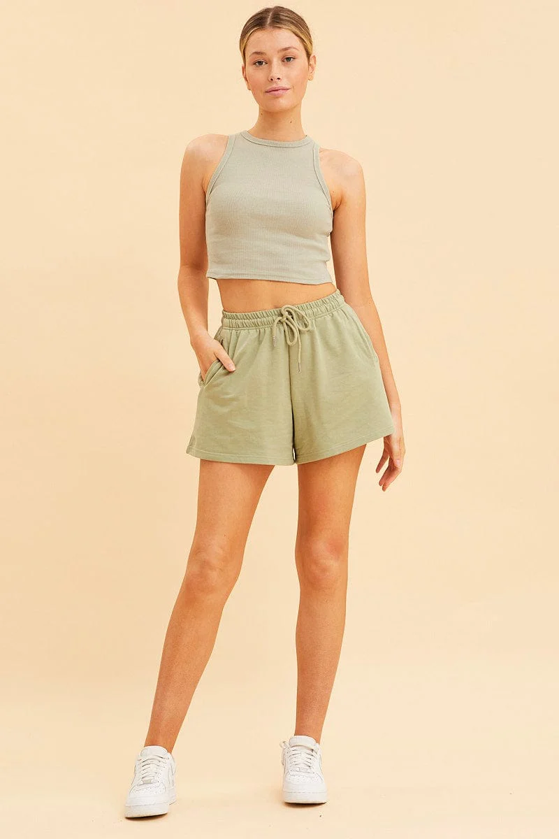 Green Cropped Tank Cotton Blend Rib High Neck Racer Back