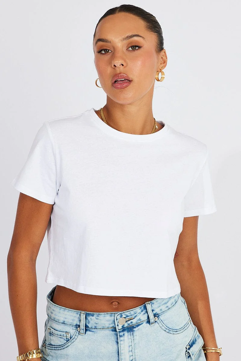 White Crop T Shirt Short Sleeve Crew Neck