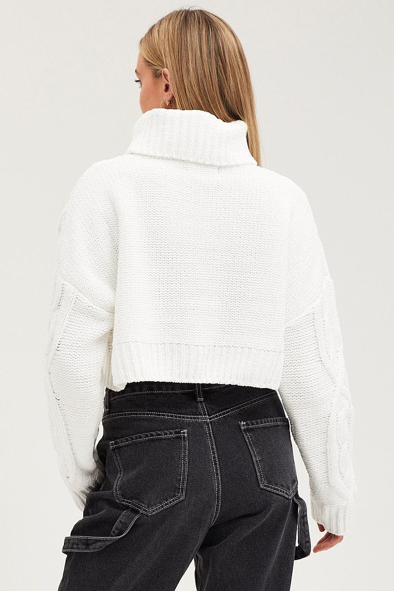 White Knit Top Long Sleeve Crop Turtleneck