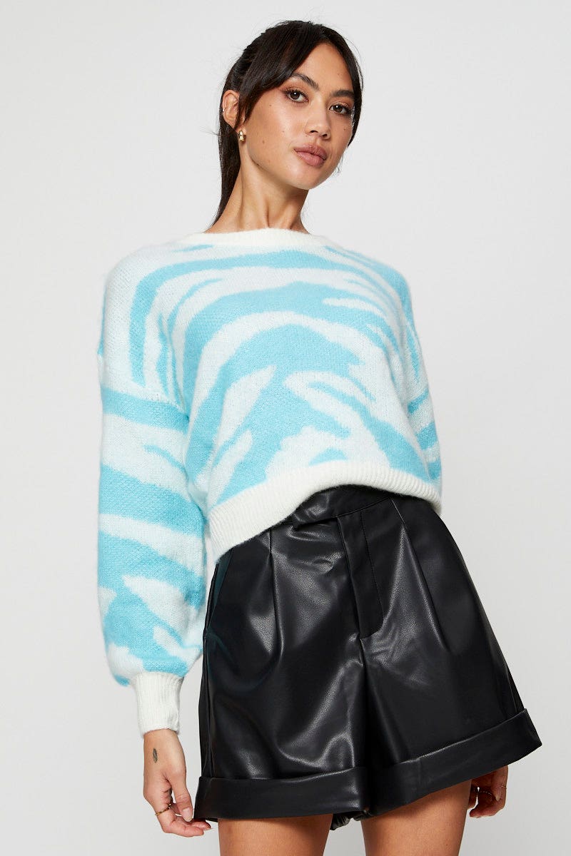Blue Abstract Print Knit Top Long Sleeve Relaxed Round Neck