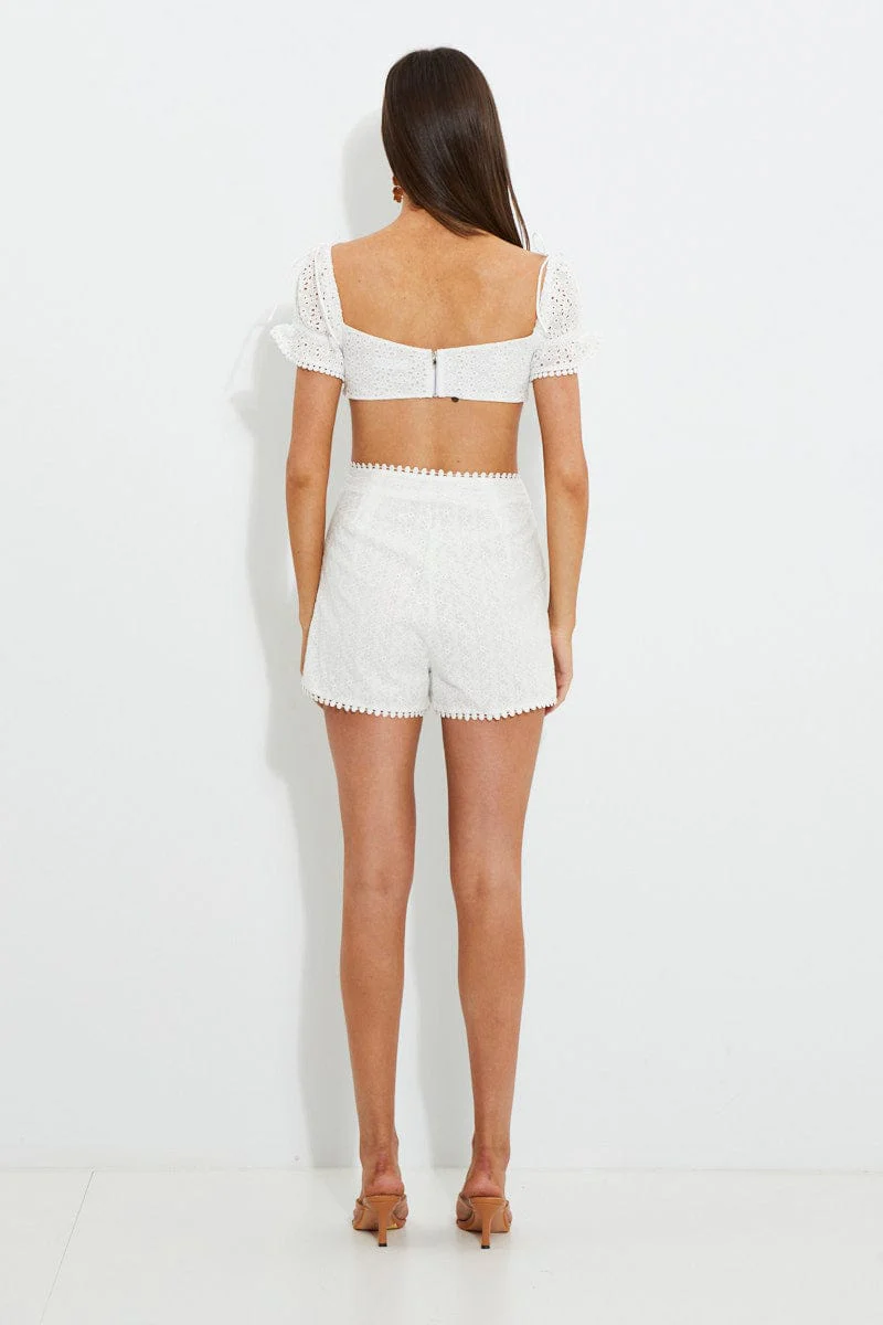 White Designer Broderie Anglais Trim Detail Lace Up Shorts