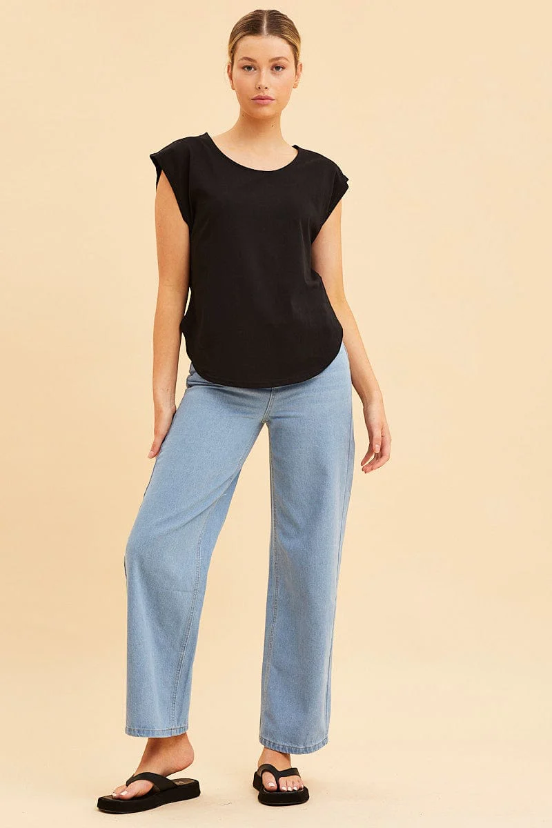 Black Relaxed T-Shirt Drop Shoulder Curved Hem Crew Neck