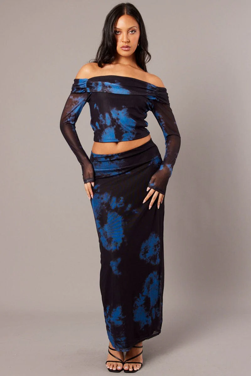 Blue Abstract Off Shoulder Top Long Sleeve Mesh