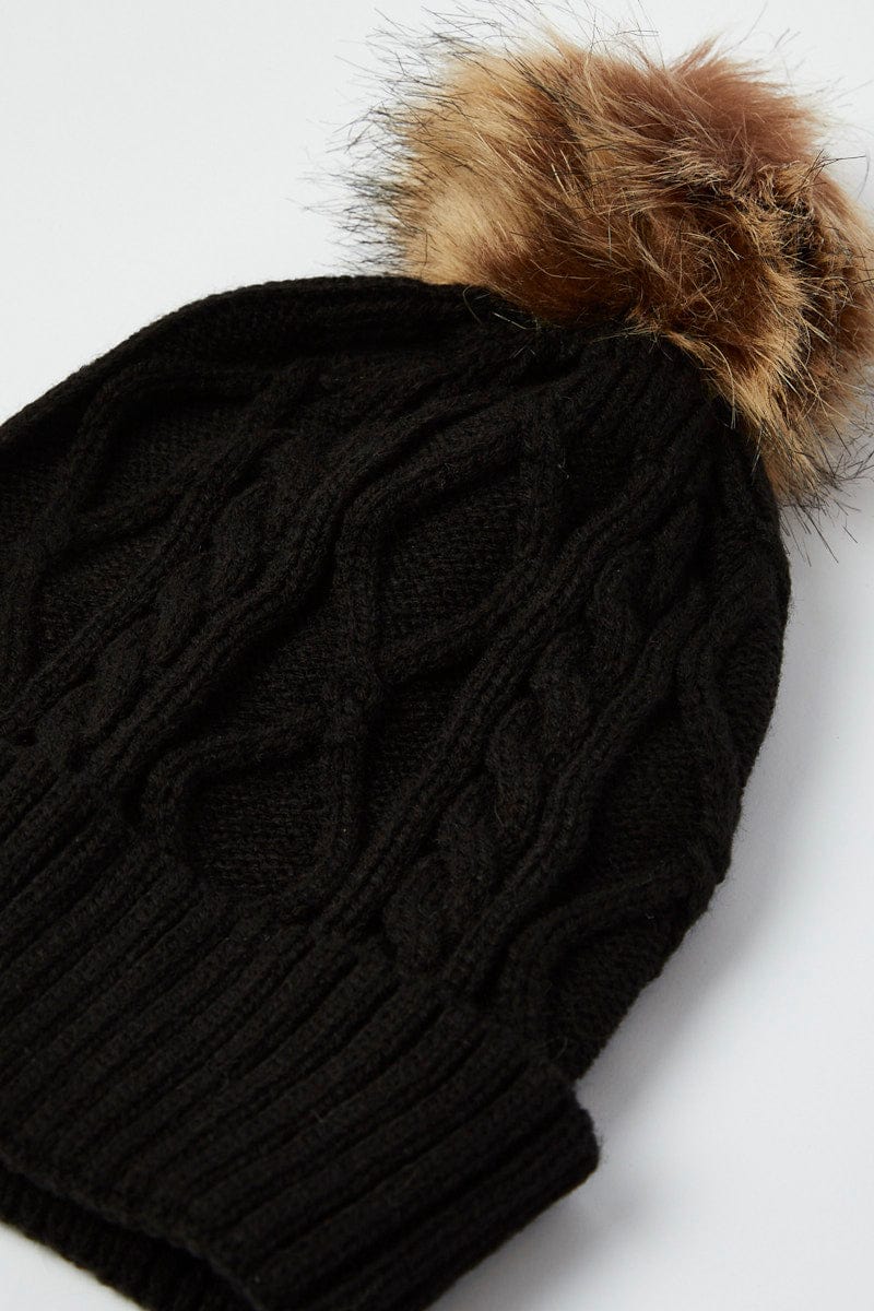 Black Faux Fur Pom Pom Beanie