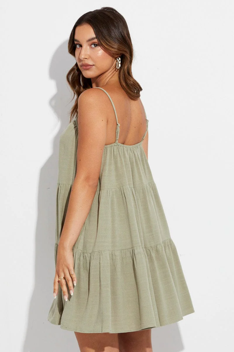 Green Swing Dress Sleeveless Tiered Linen Blend
