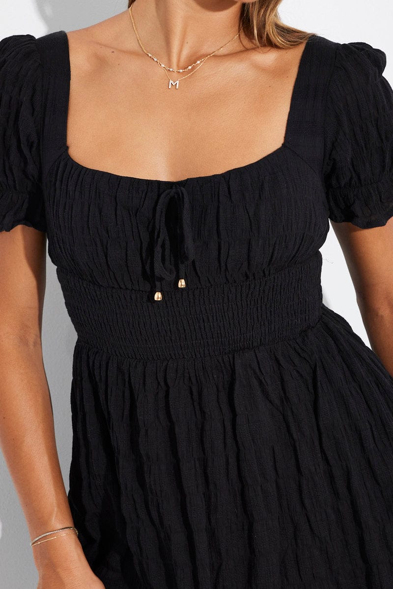 Black Fit And Flare Dress Puff Sleeve