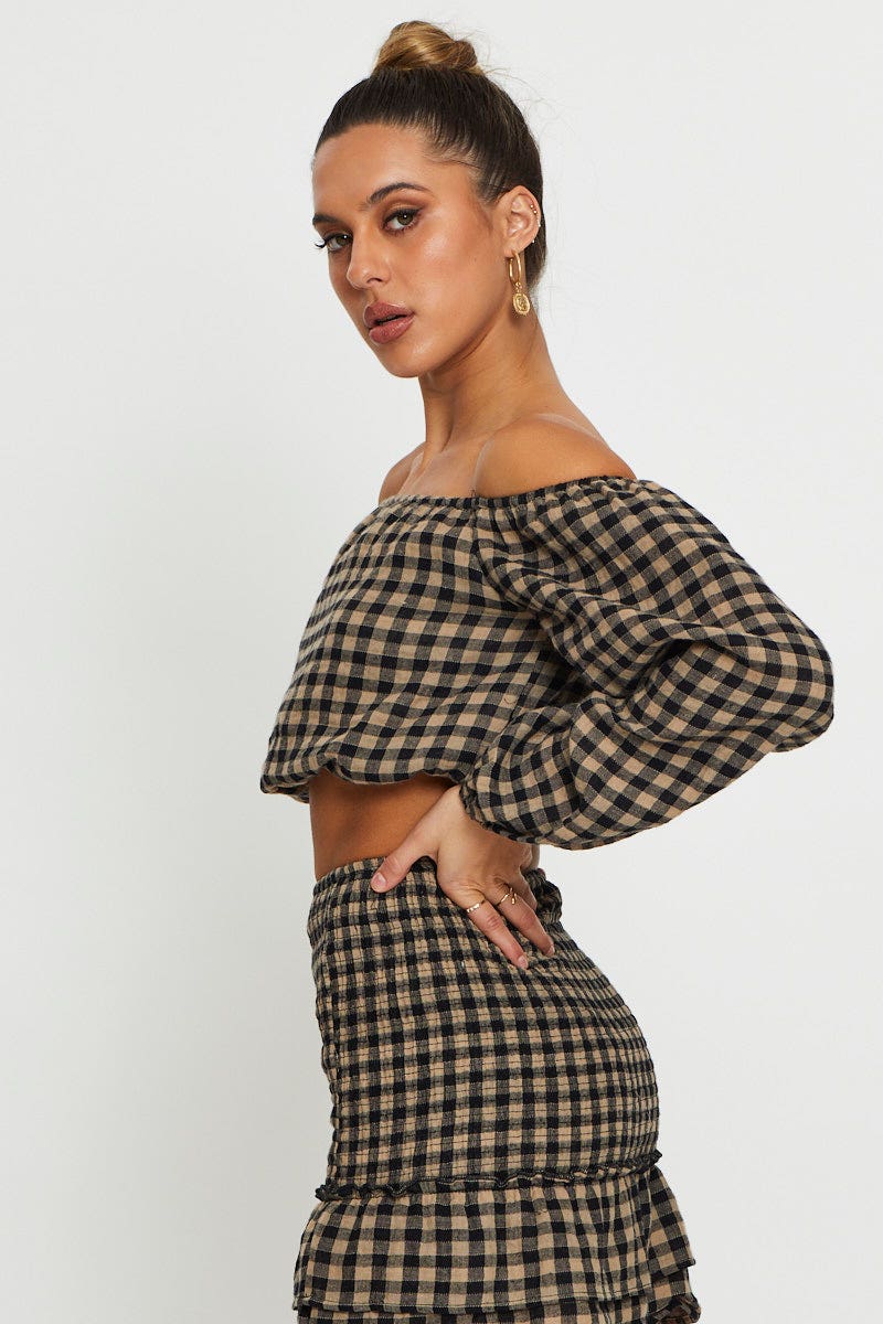 Check Top Long Sleeve Crop Off Shoulder