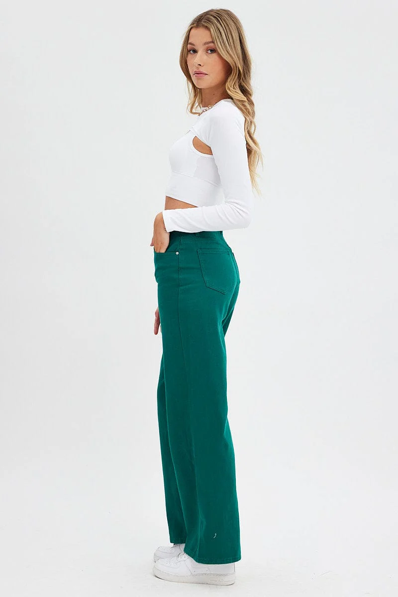 Green Wide Leg Denim Jeans High rise