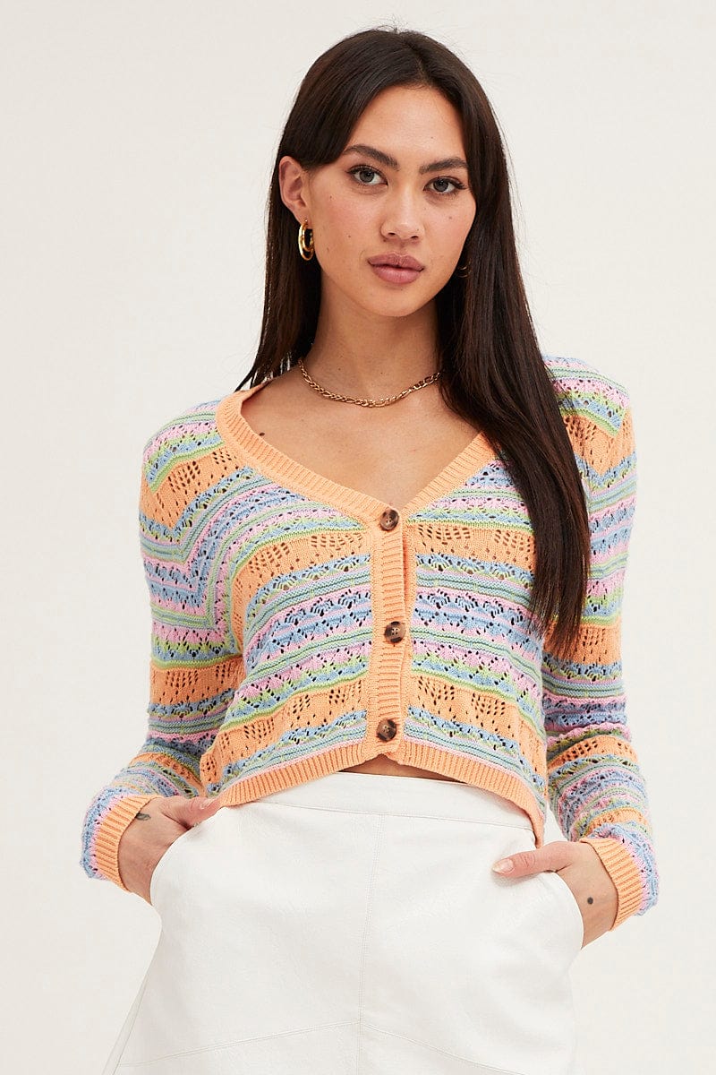Multi Knit Cardigan Long Sleeve Collared