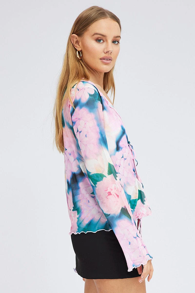 Pink Abstract Mesh Cardigan Long Sleeve