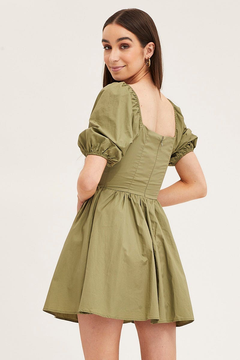 Green Skater Dress Puff Sleeve Mini Sweet Heart Neck