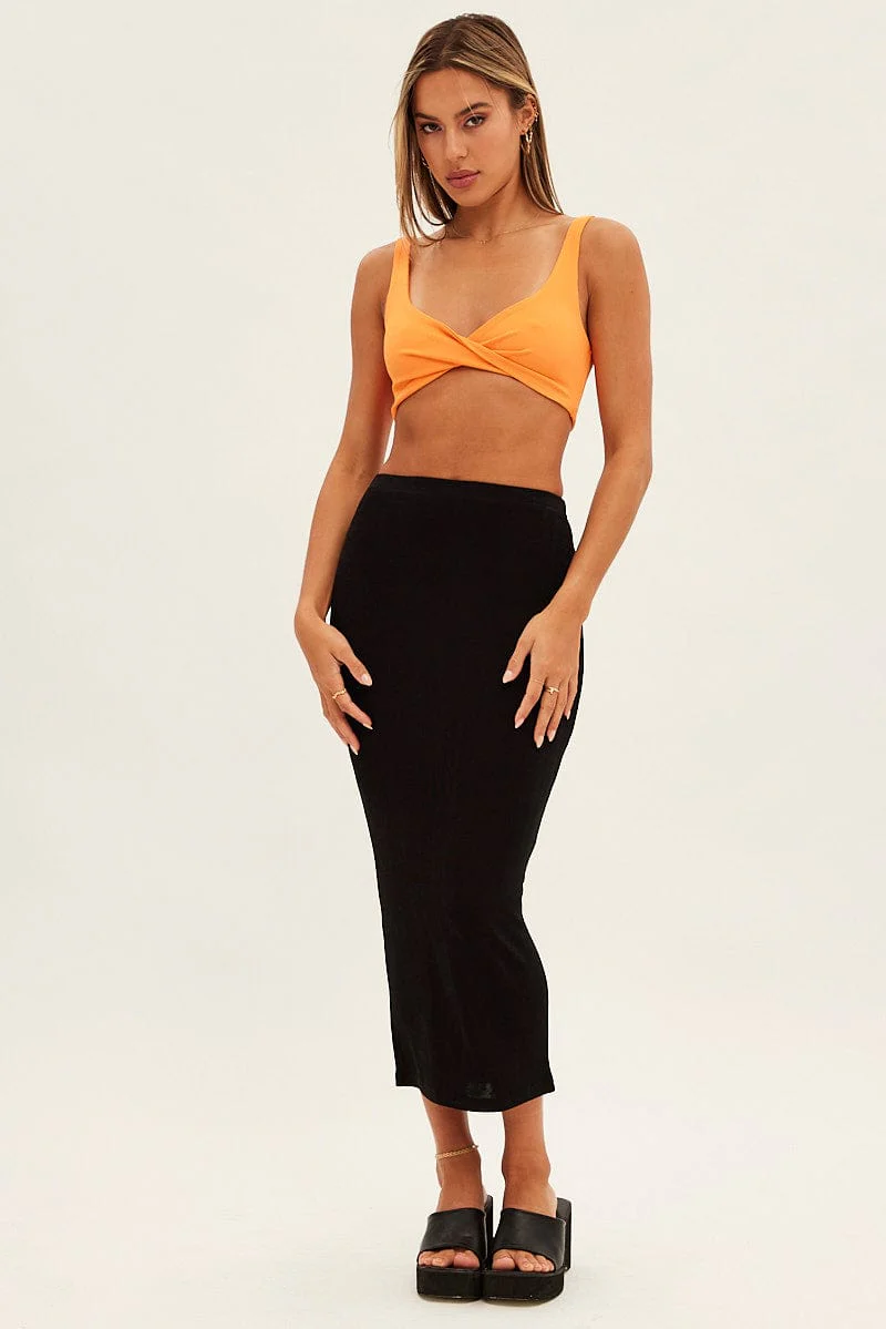 Orange Crop Top Sleeveless Sweetheart Twist Front Rib