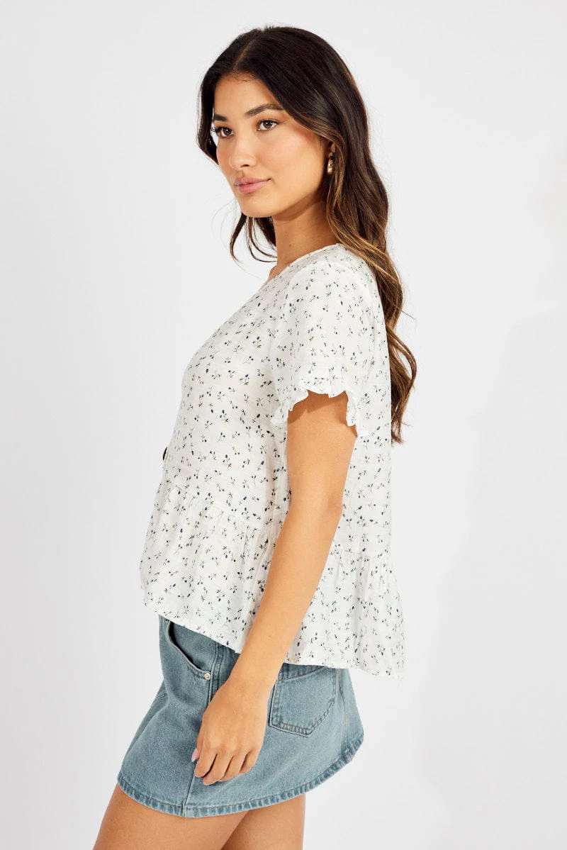 White Ditsy Button Up Top V-Neck Frill Hem Top Linen