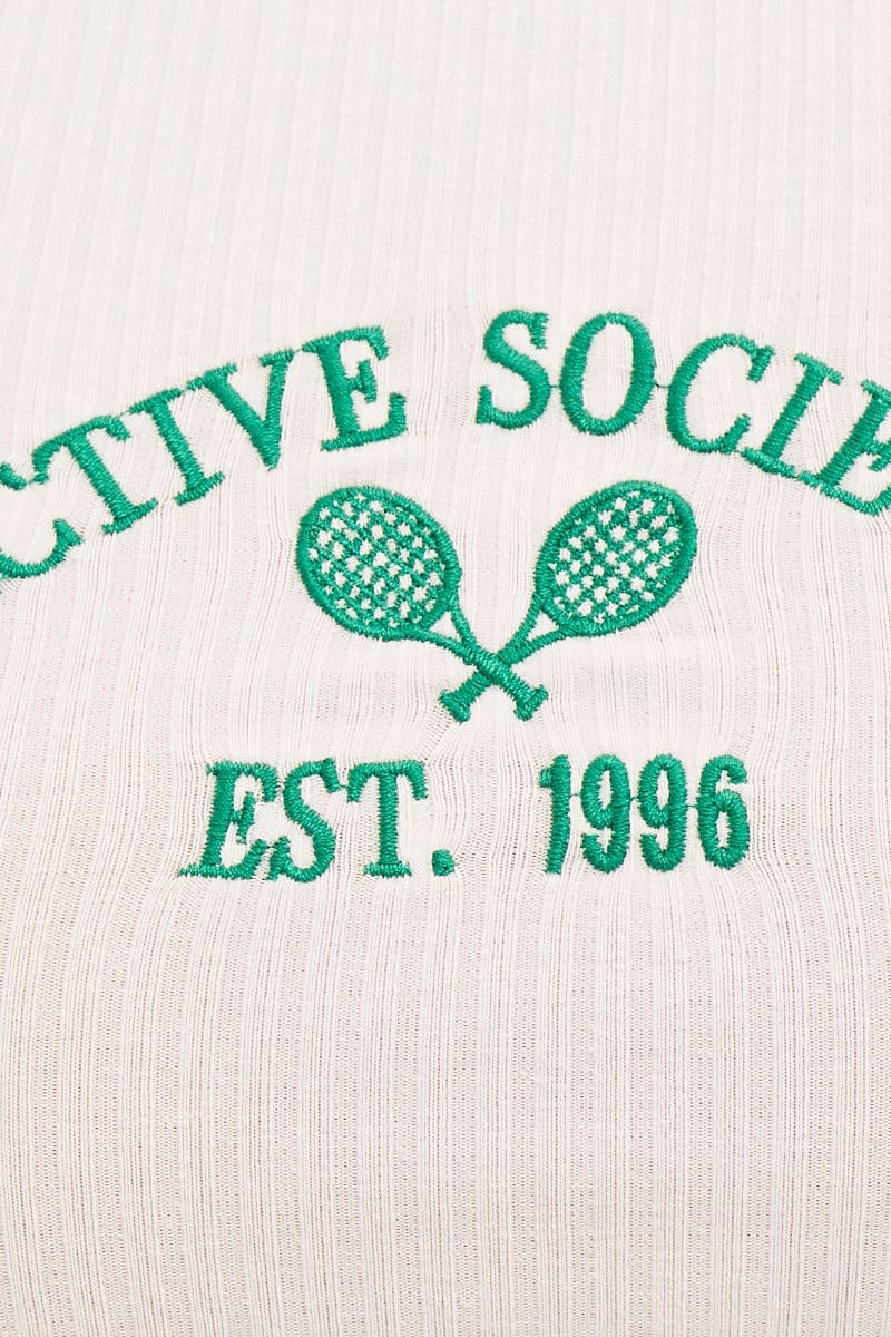 White Crop Tank Crew Neck Racer Back Rib Embroidered