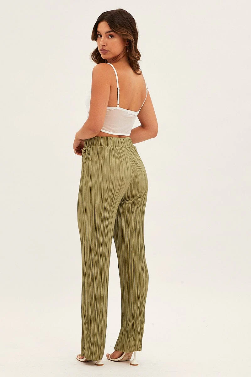 Green Plisse Pants Wide Leg