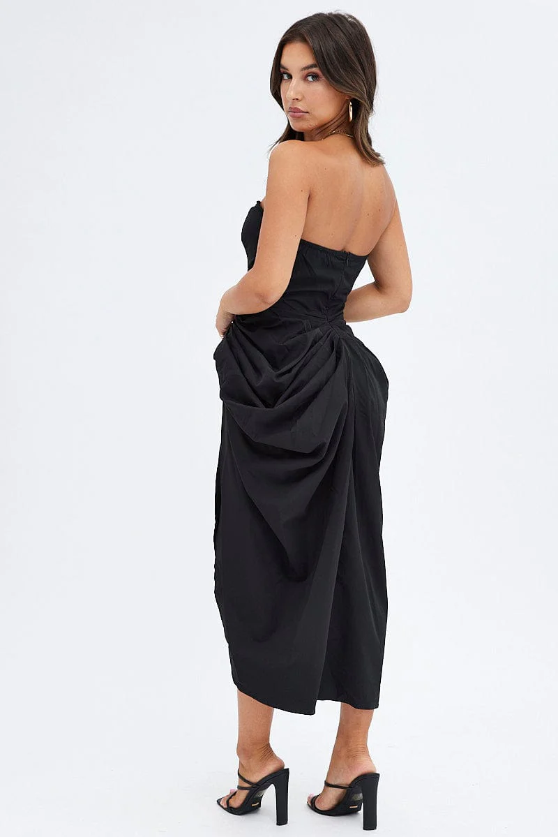 Black Draped Dress Bandeau Midi