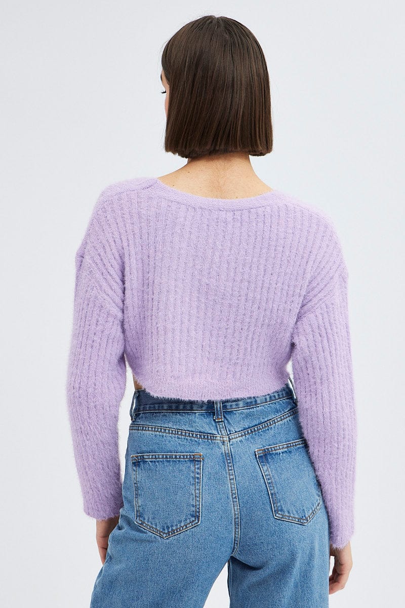 Purple Crop Knit Cardigan V Neck
