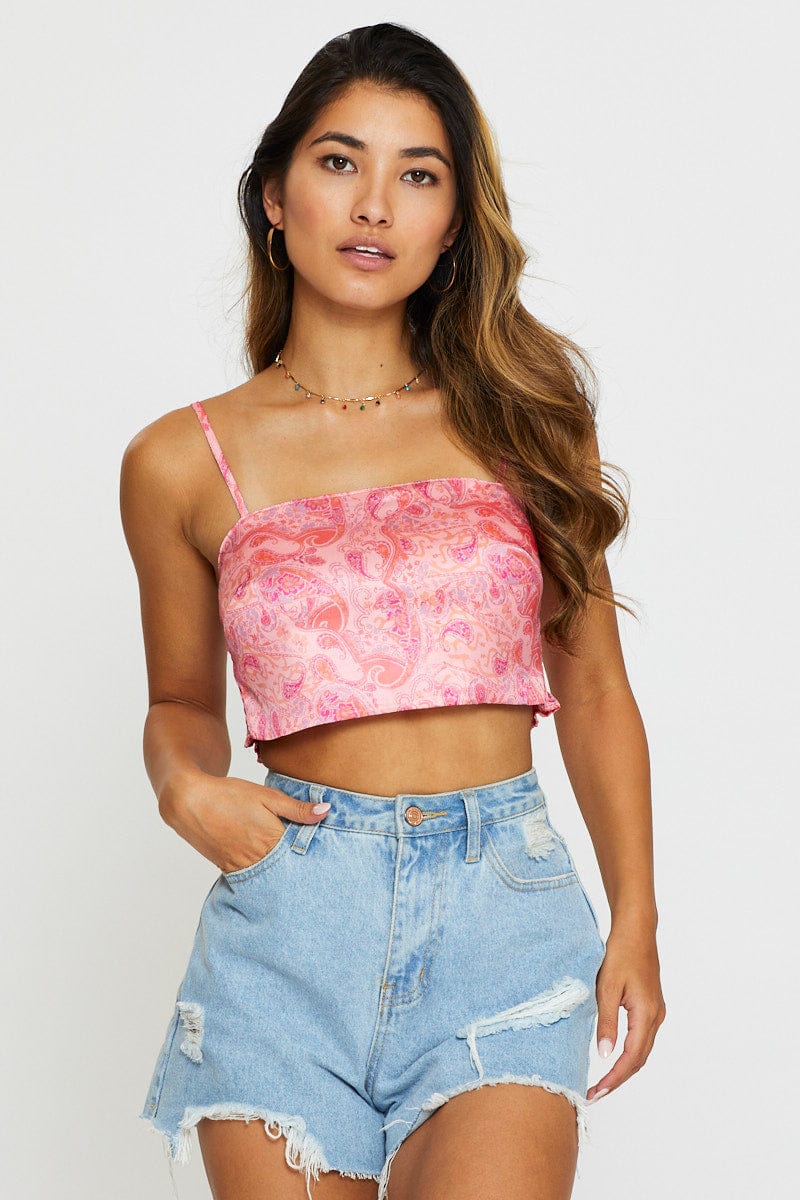 Print Cami Top Crop Satin
