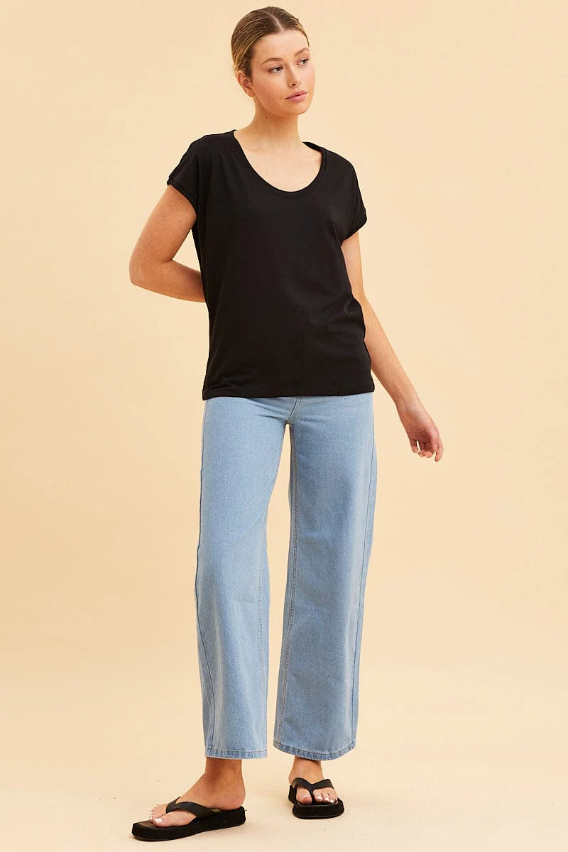Black Relaxed T-Shirt Scoop Neck Drop Shoulder