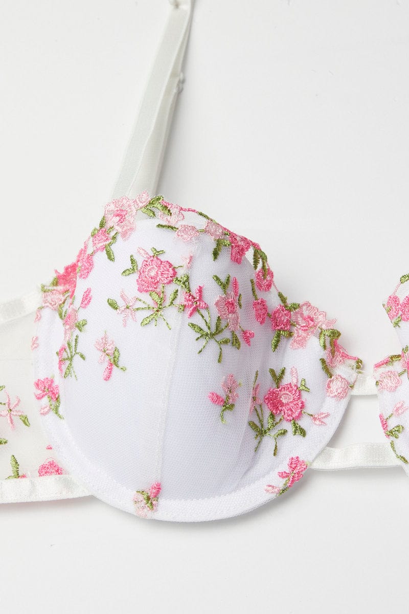 Pink Floral Embroidery Lingerie Set