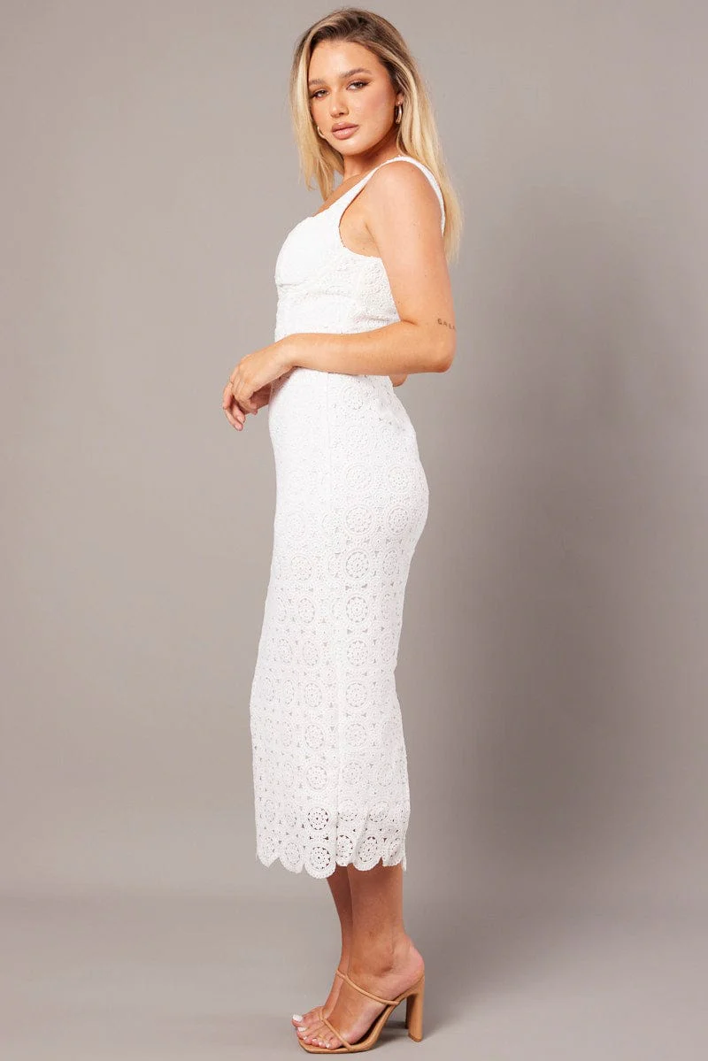 White Midi Dress Sleeveless Lace