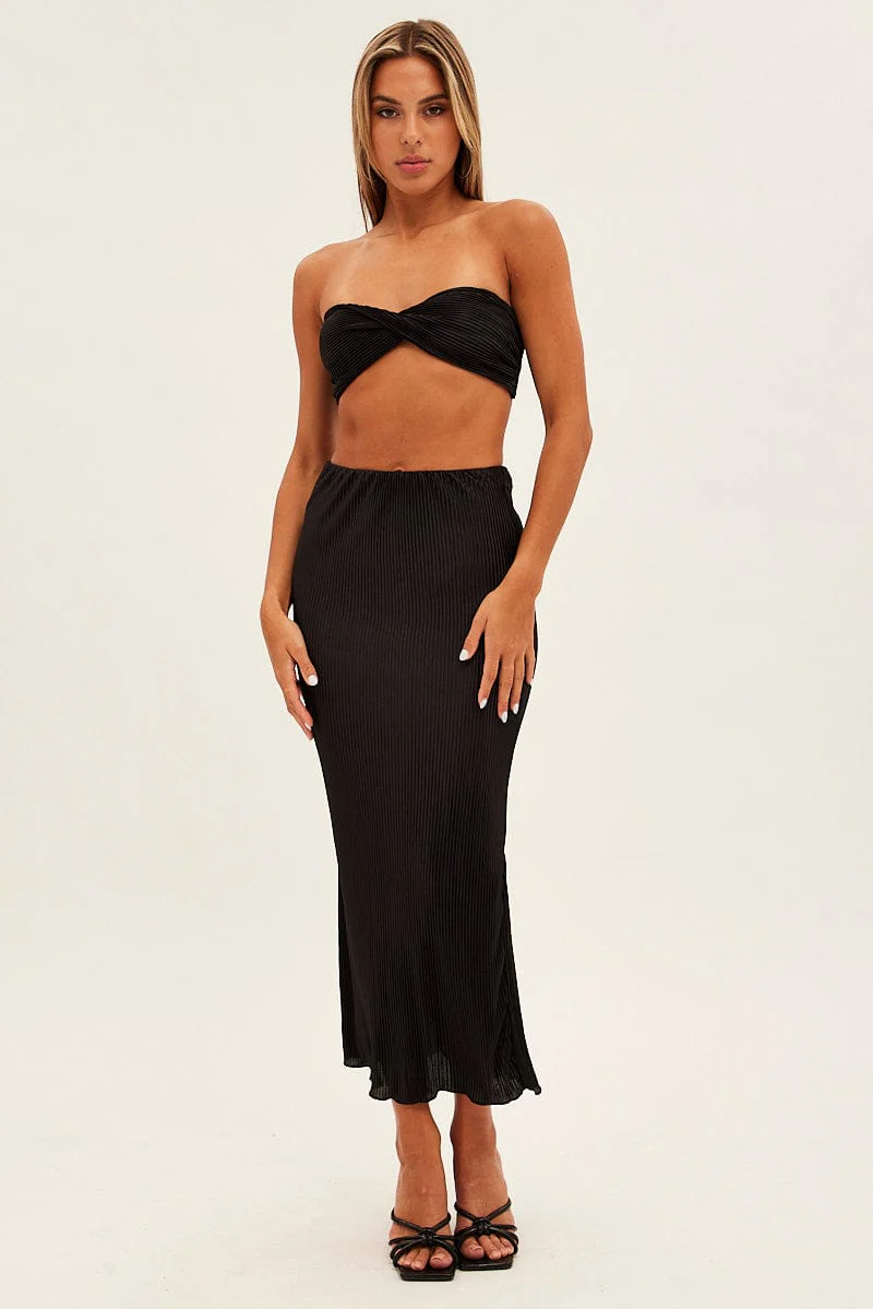 Black Plisse Skirt Maxi High Rise