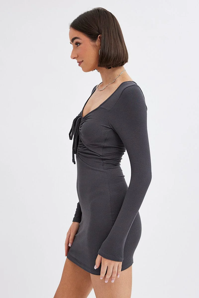 Grey Dress Long Sleeve Cut Out Details Bodycon Rib