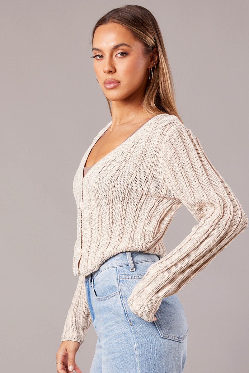 Beige Knit Cardigan Long Sleeve