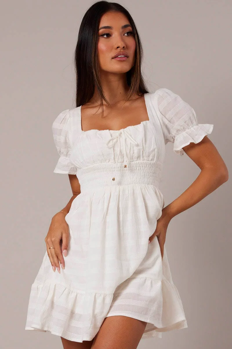 White Fit And Flare Dress Puff Sleeve