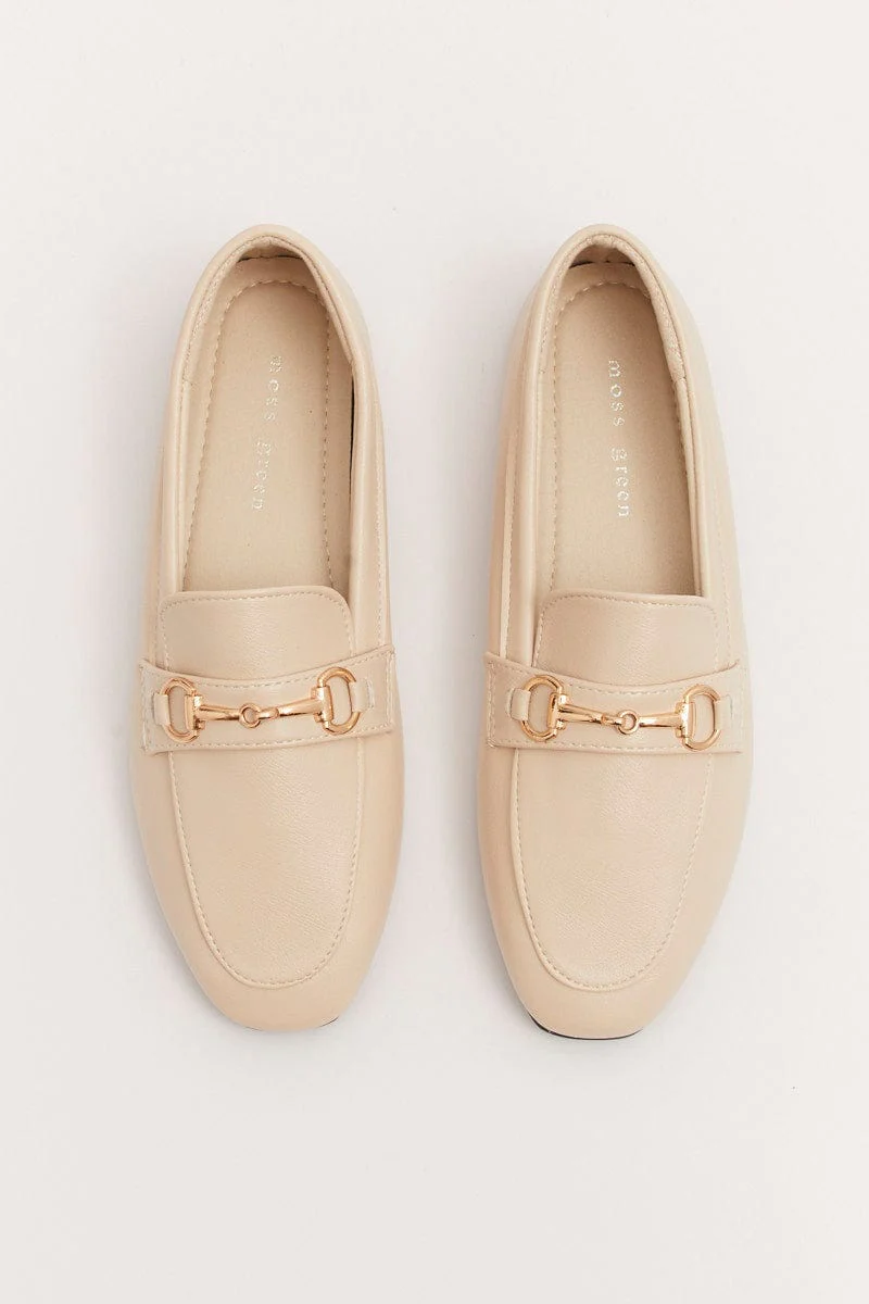 White Flat Loafers With Buckle