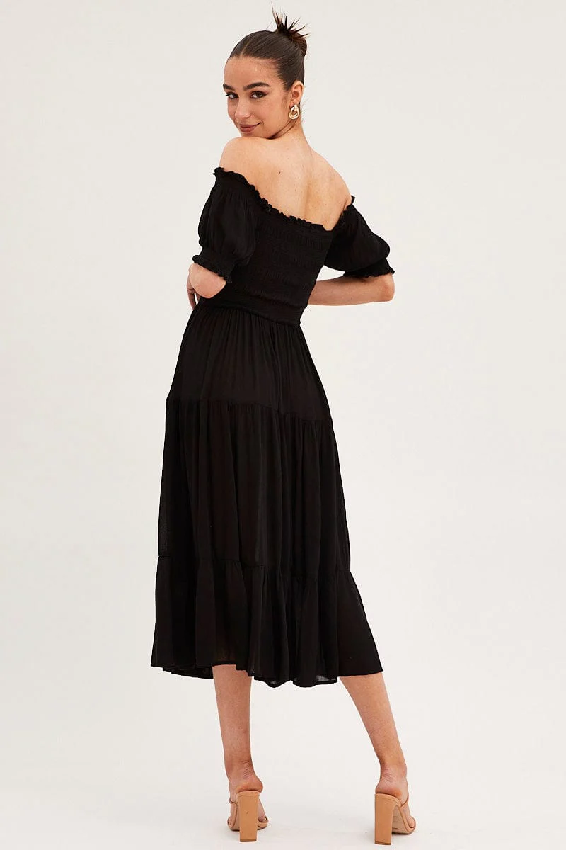 Black Maxi Dress Puff Sleeve Square Neck