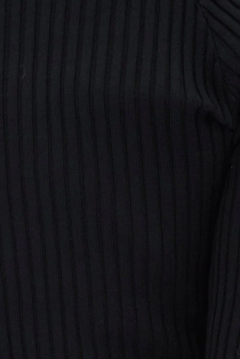 Black Knit Top Long Sleeve Lace Up Detail Ribbed