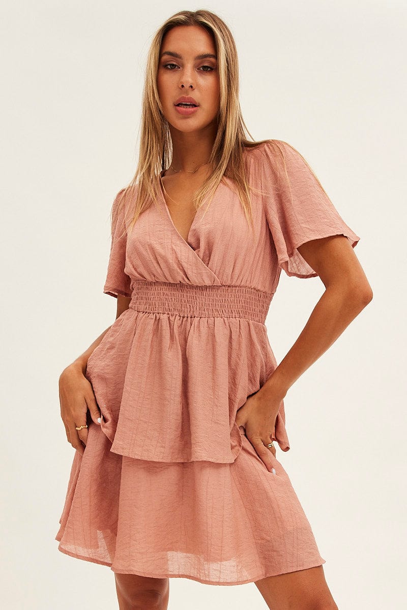 Pink Tiered Dress Flutter Sleeve Wrap Front Tiered Hem