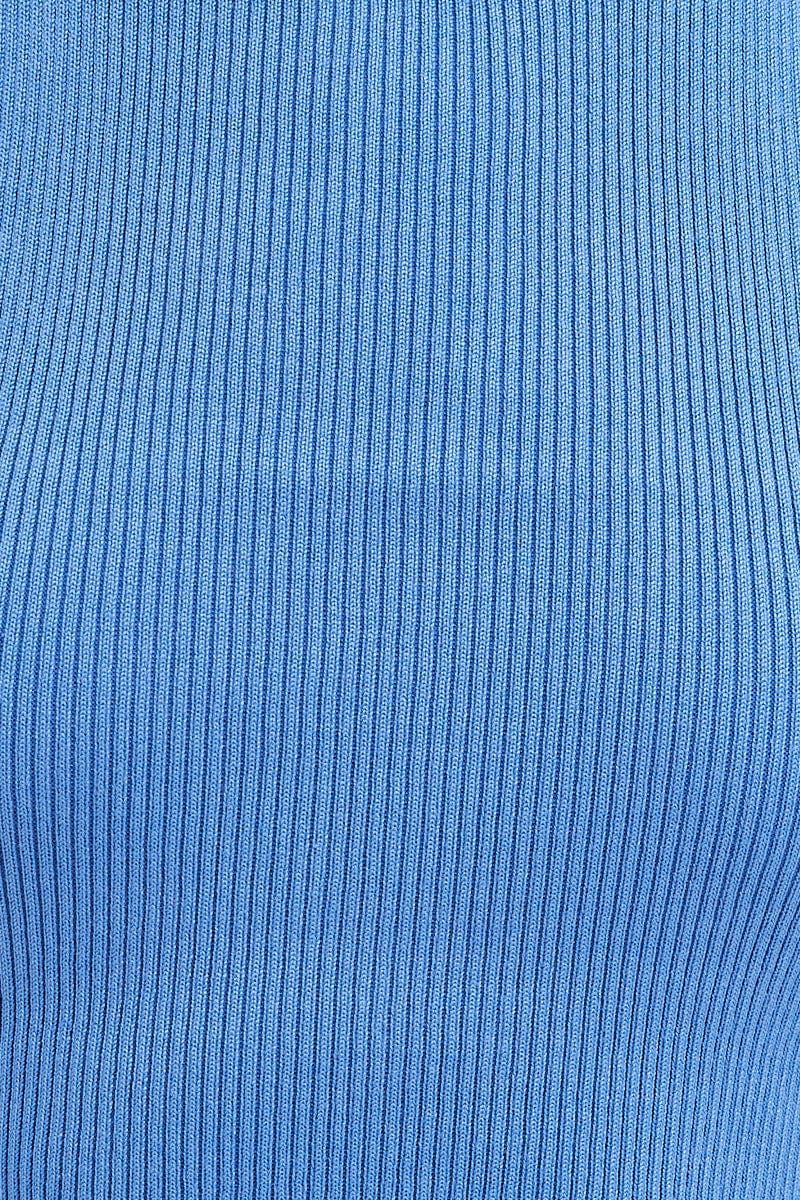 Blue Knit Top Crop Sleeveless Round Neck